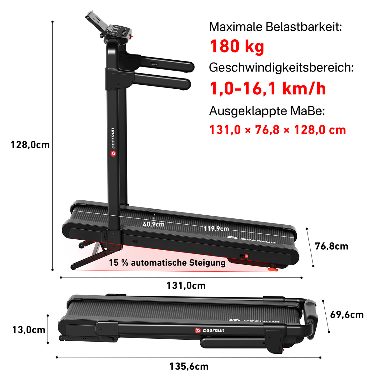 DeerRun Flex Rise 1 Klappbares Laufband zum Gehen und Laufen mit 15 % automatischer Steigung