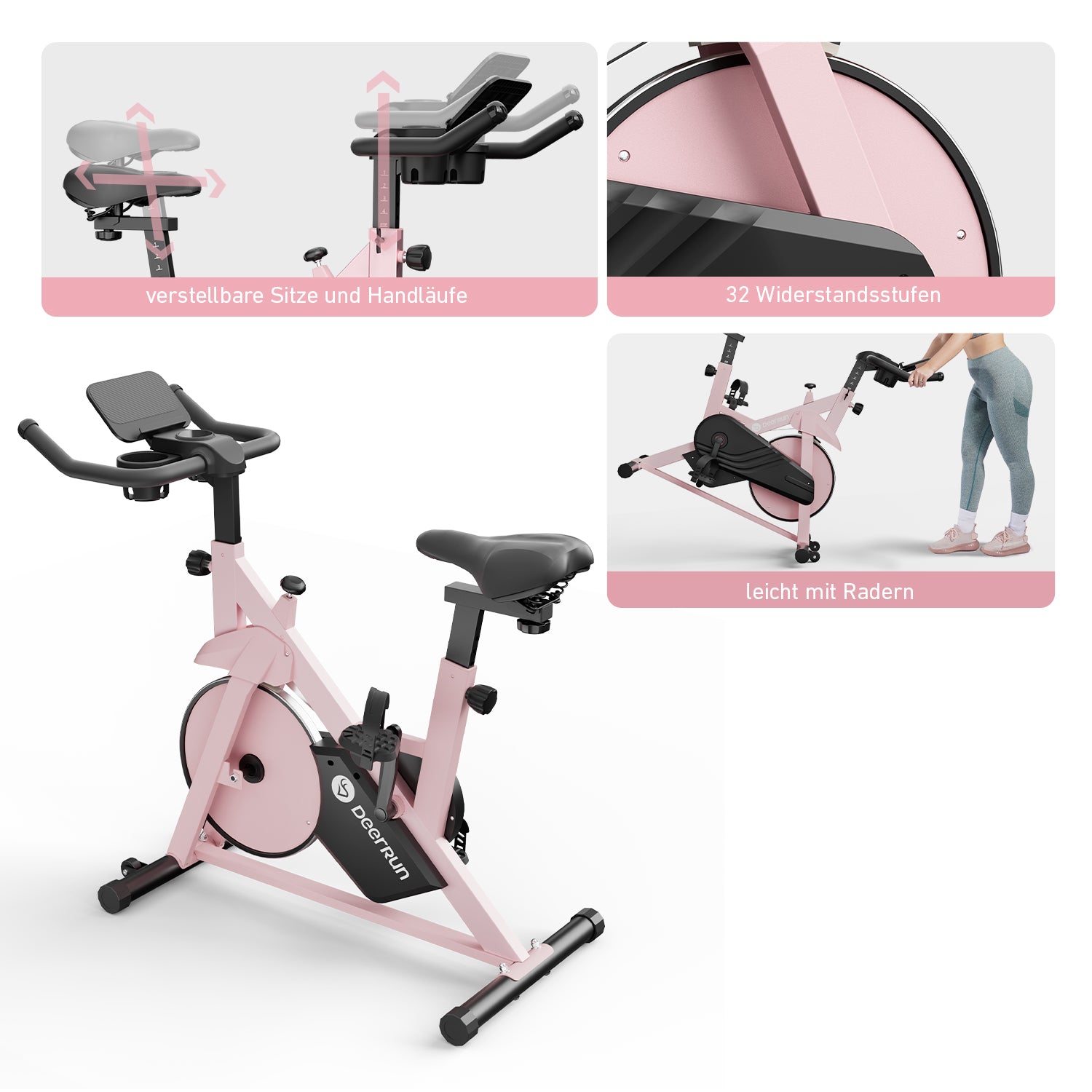 DeerRun S500 Rose Indoor-Smart-Bike mit einstellbarem magnetischem Widerstand und leisem Riemen und PitPat App