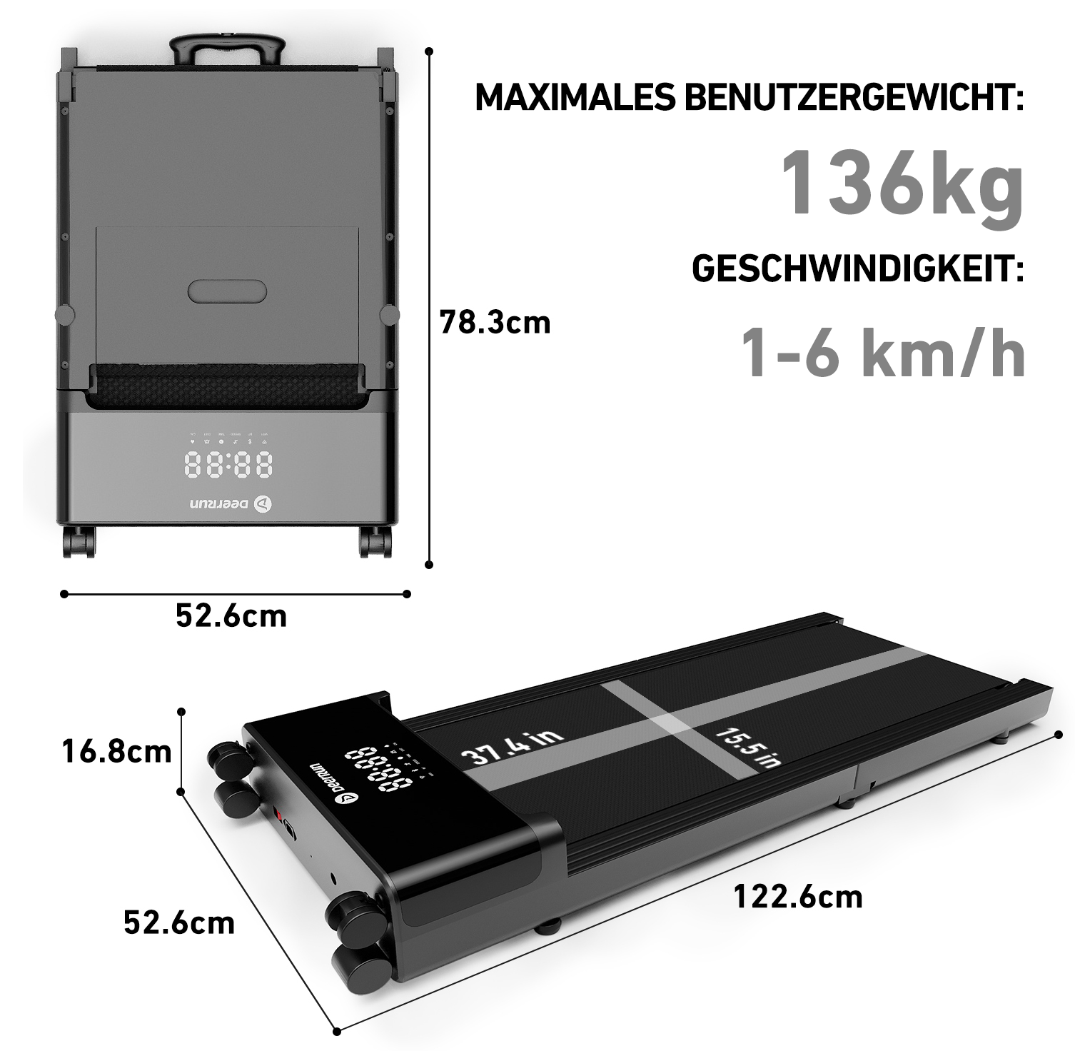 DeerRun Z20 Ultra‑Kompaktes, faltbares Laufband mit Gehmatte, für Büro und Zuhause,136 kg
