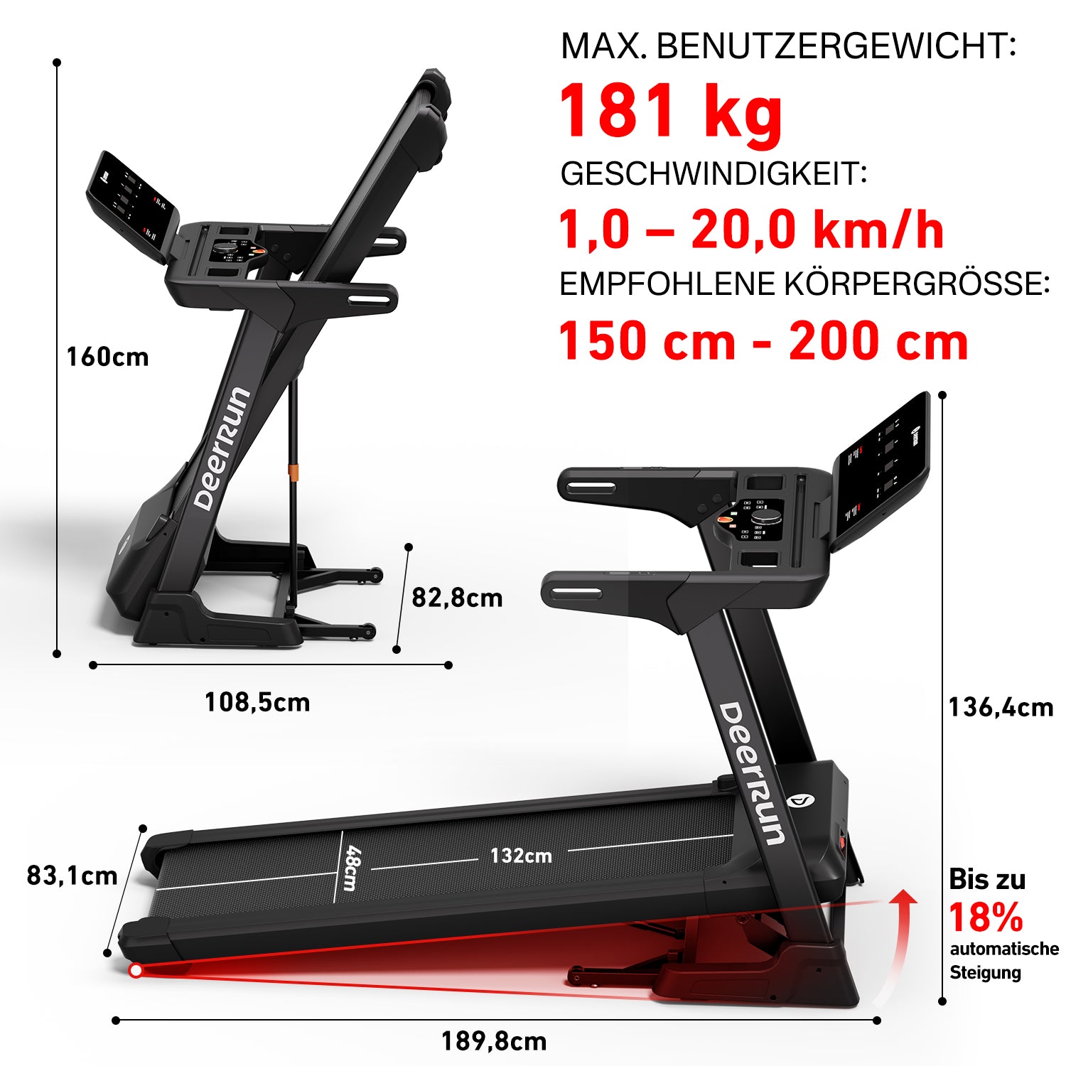 DeerRun X50 18% Auto Steigung Smartes Laufband, großem Display und KI-Coach | 20 km/h, 181kg Tragkraft