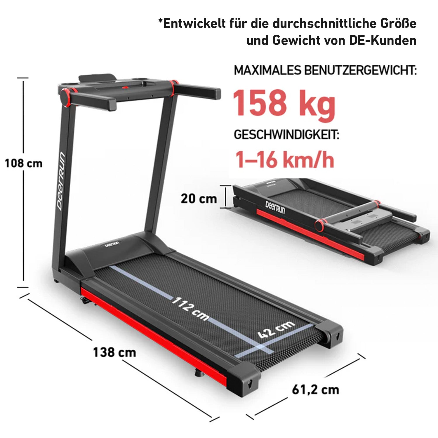 DeerRun A1 Pro Move+ – Faltbares Laufband mit 6 % Steigung | 2025 Upgrade-Chip & NFC-Unterstützung | 158 kg Tragkraft, bis zu 16 km/h