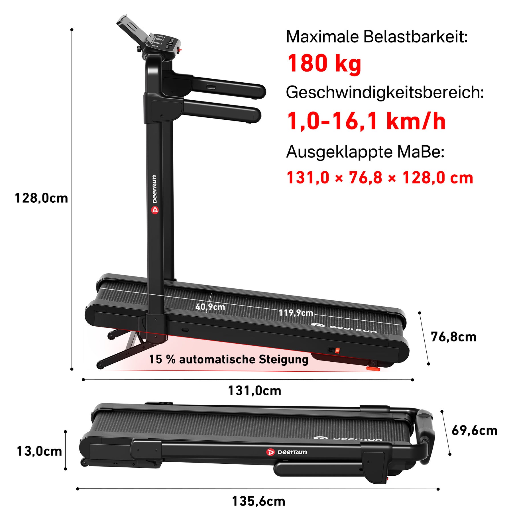 DeerRun Flex Rise 1 klappbares Laufband mit 15 % automatischer Steigung