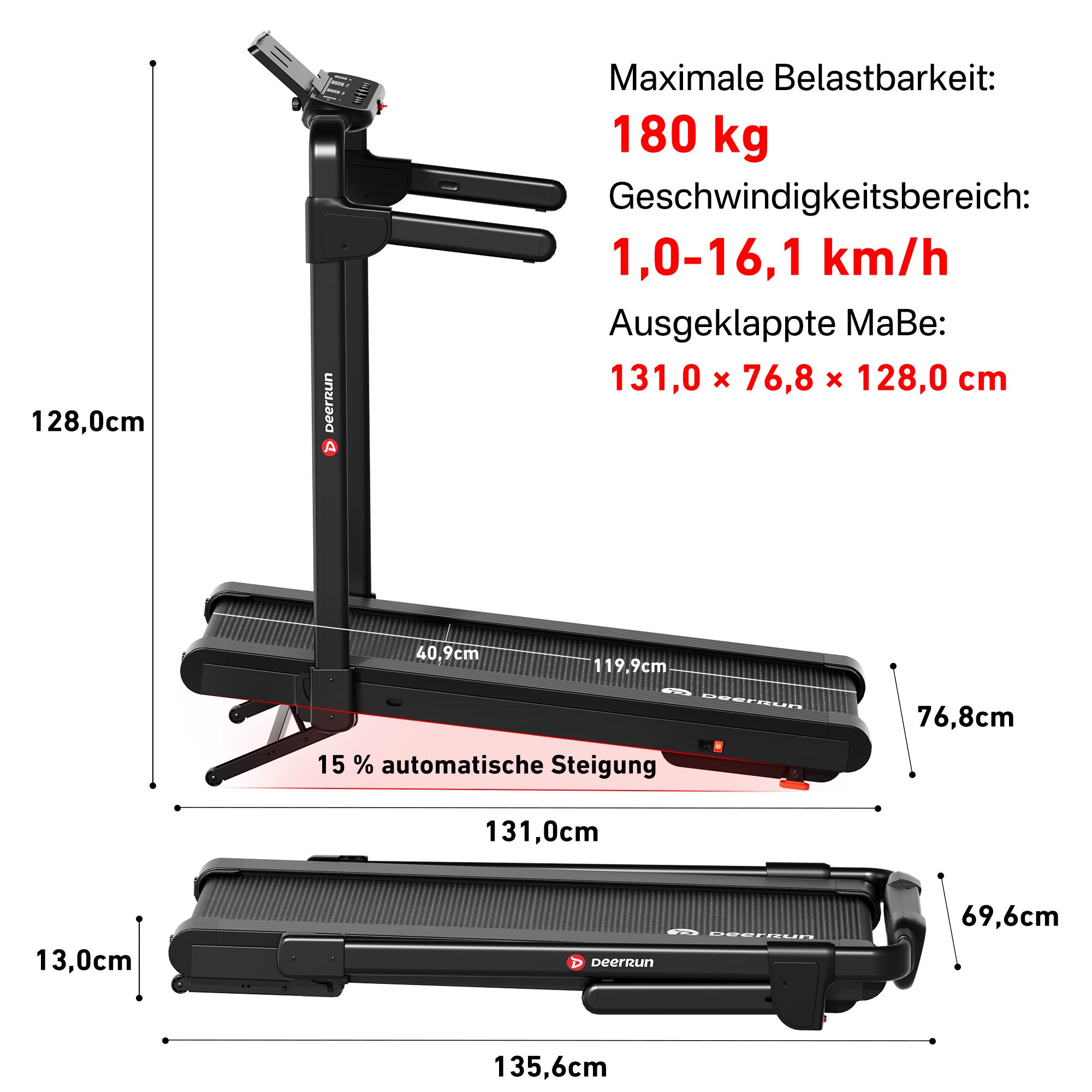 DeerRun Flex Rise 1 Klappbares Laufband zum Gehen und Laufen mit 15 % automatischer Steigung