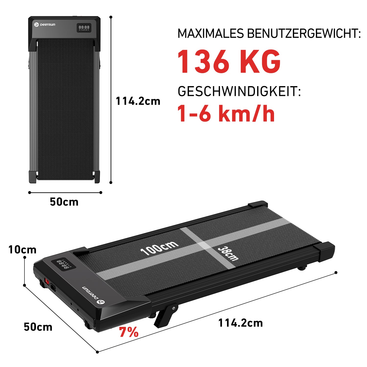 DeerRun Q2 Urban Plus Walking Pad mit 7% Steigung & platzsparendes, 1-6 km/h