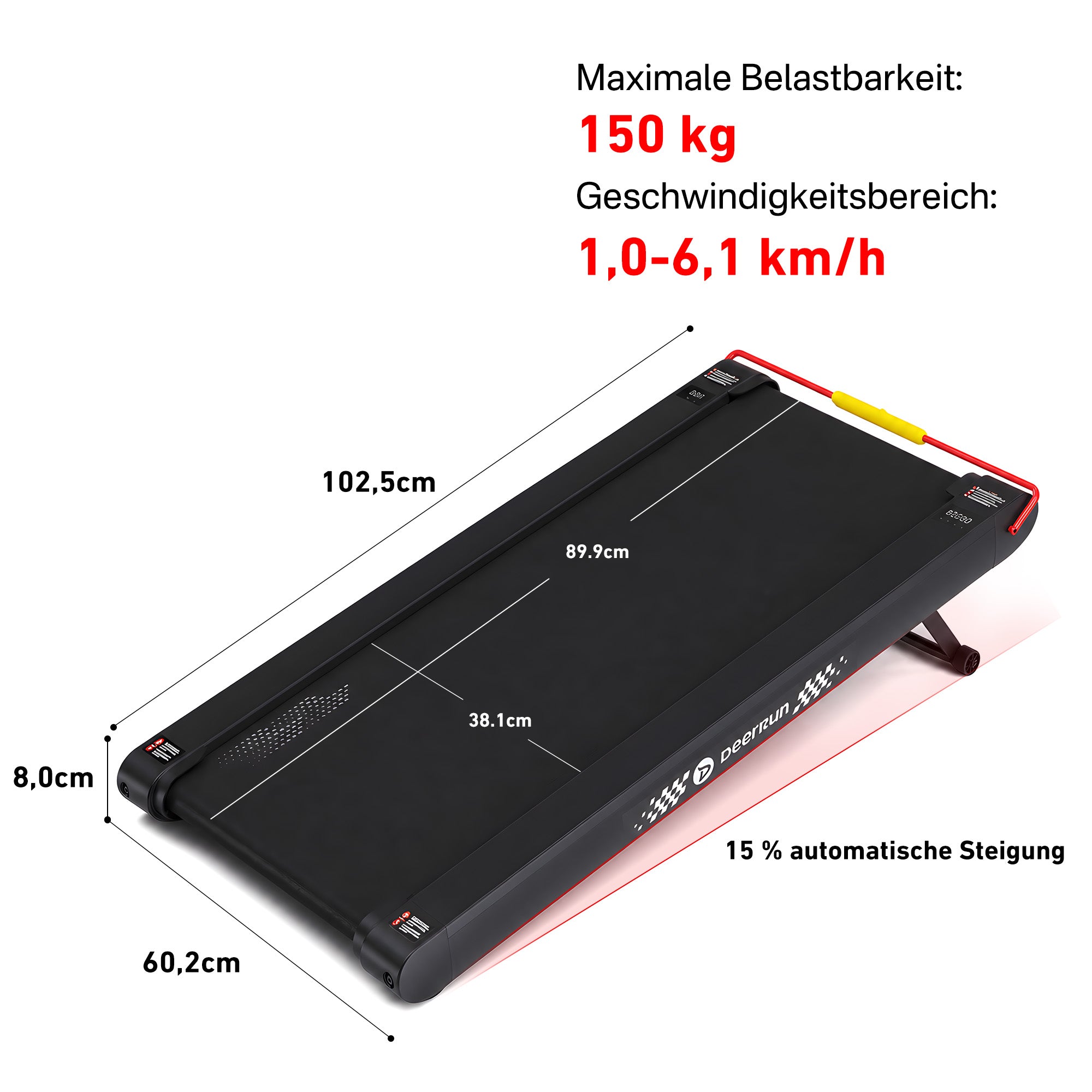 DeerRun Sleek Rise 1 Walking Pad mit 15 % automatischer Steigung für Cardio-Training