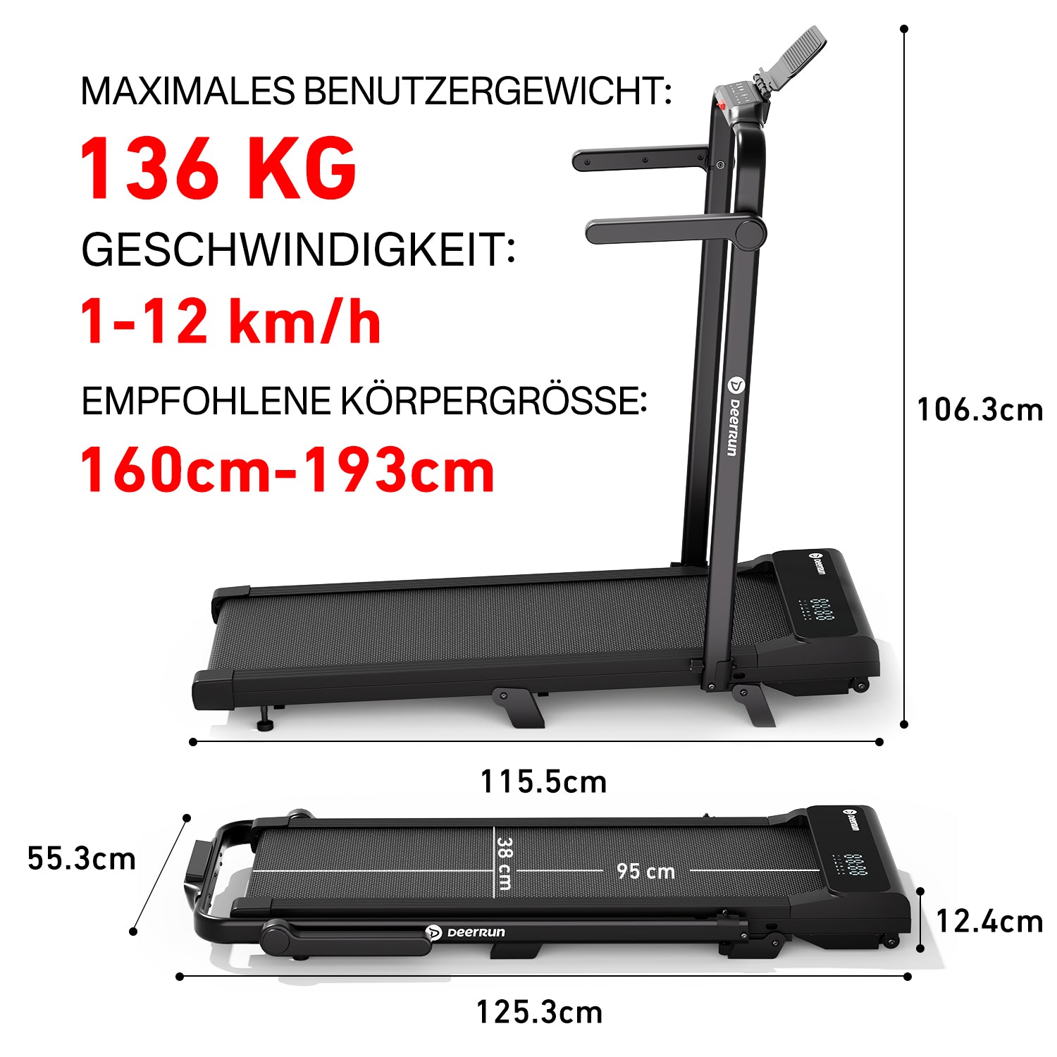 DeerRun 2026 Neues A6 Pro Laufband mit Griff, 5 % Steigung, 2-in-1-Design, Schwarz