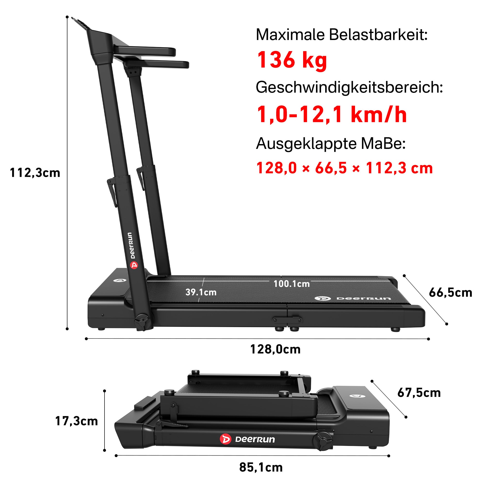 DeerRun Flex Fold 1 Zusammenklappbares Laufband mit Handlauf zum Gehen und Joggen