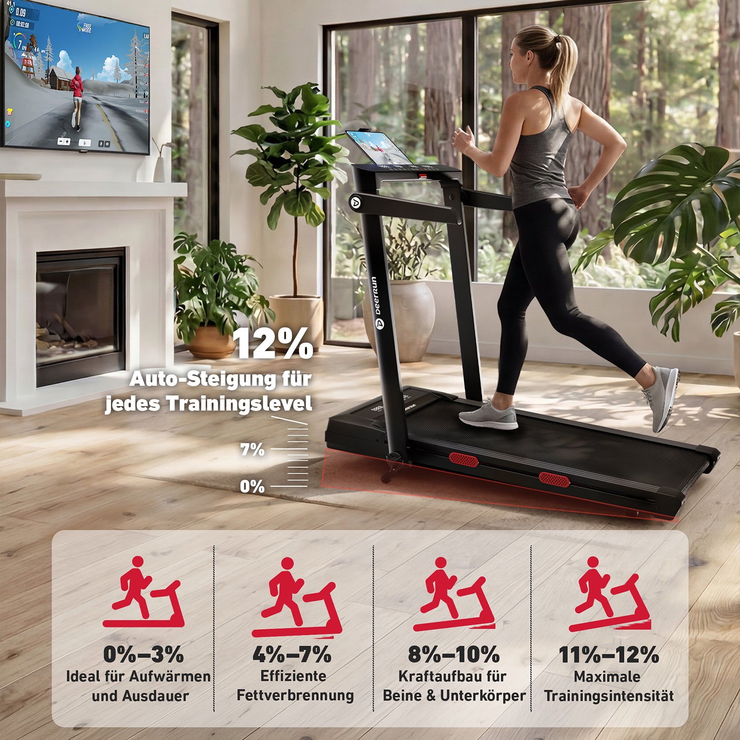 DeerRun Z10 Pro Muse 2-in-1 Klappbares Laufband mit 12% Auto-Steigung
