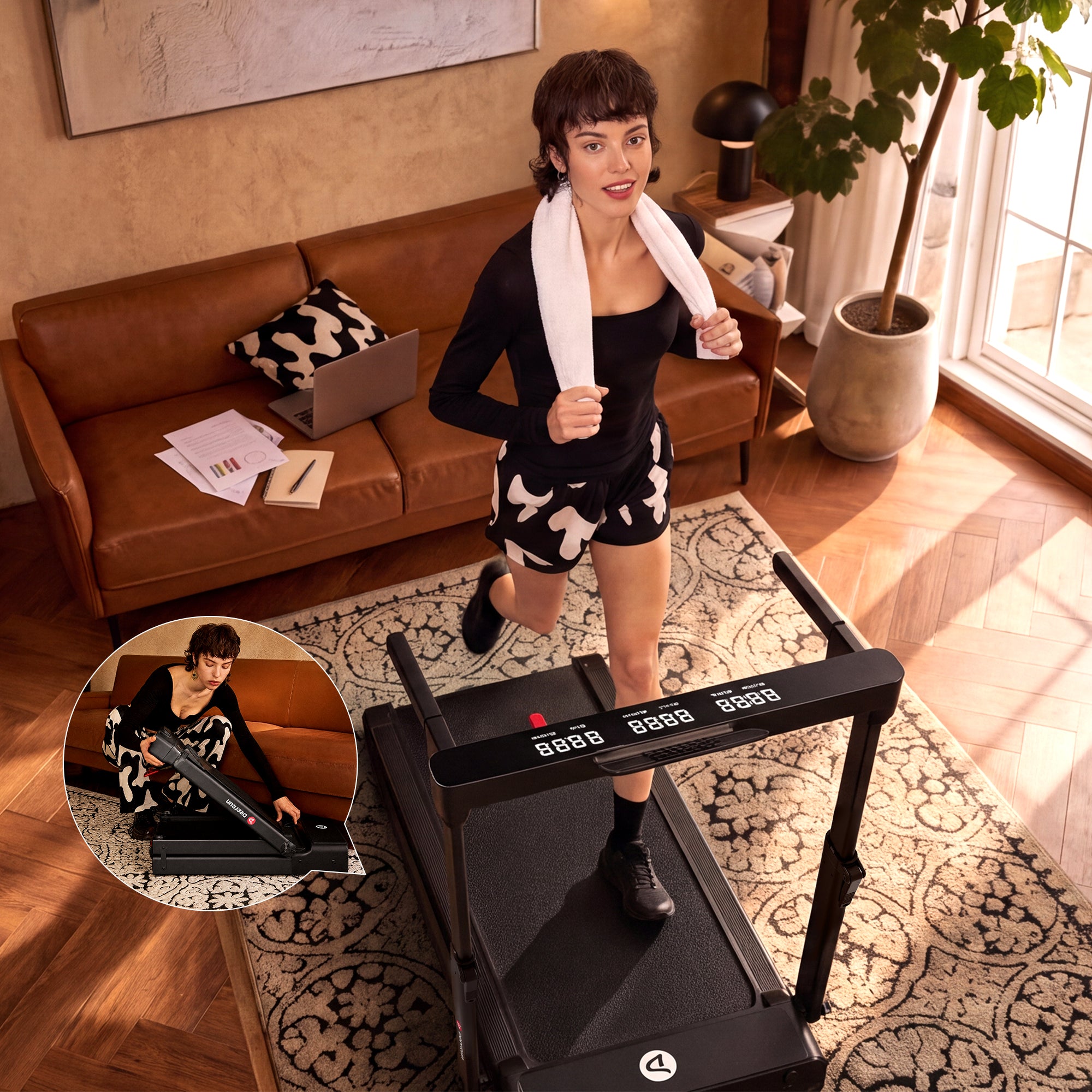DeerRun Flex Fold 1 Zusammenklappbares Laufband mit Handlauf zum Gehen und Joggen