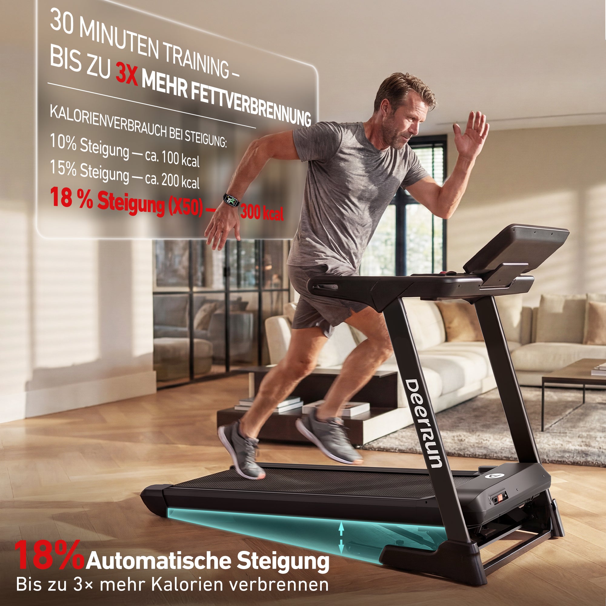 DeerRun X50 18% Auto Steigung Smartes Laufband, großem Display und KI-Coach | 20 km/h, 181kg Tragkraft