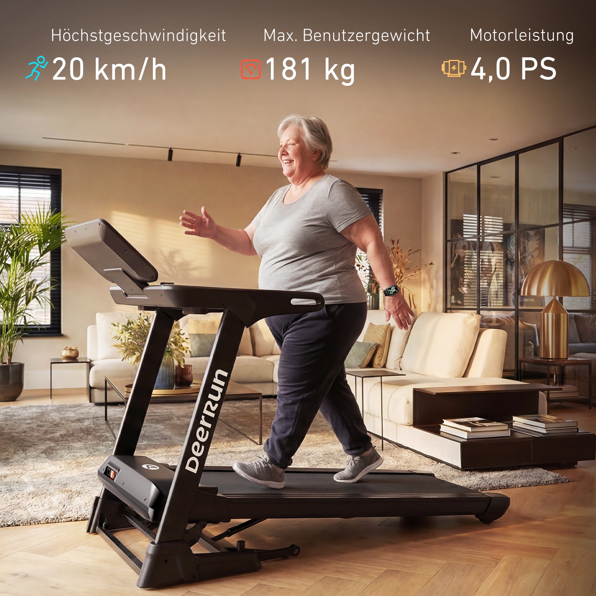 DeerRun X50 18% Auto Steigung Smartes Laufband, großem Display und KI-Coach | 20 km/h, 181kg Tragkraft