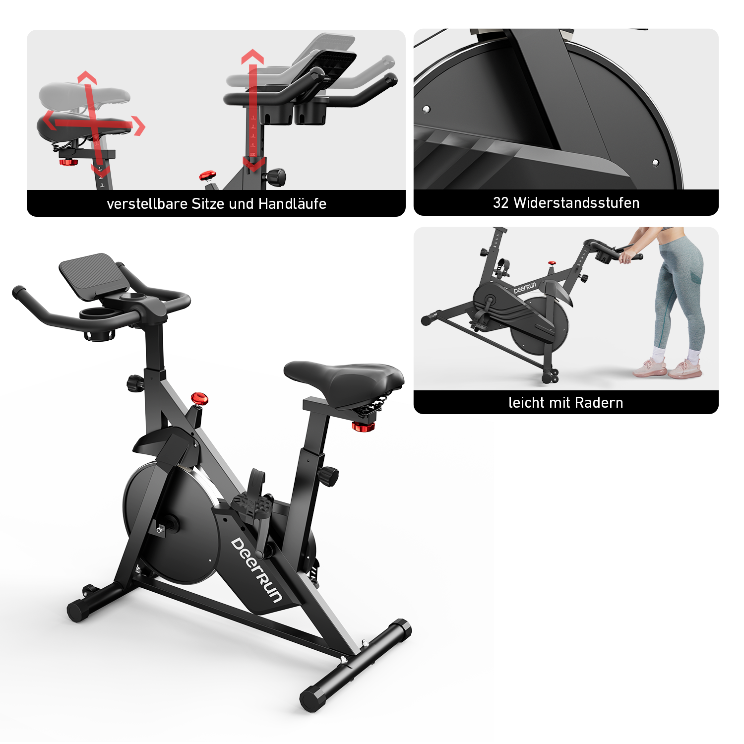 DeerRun S500 Schwarze Indoor-Smart-Bike mit einstellbarem magnetischem Widerstand und leisem Riemen und PitPat App