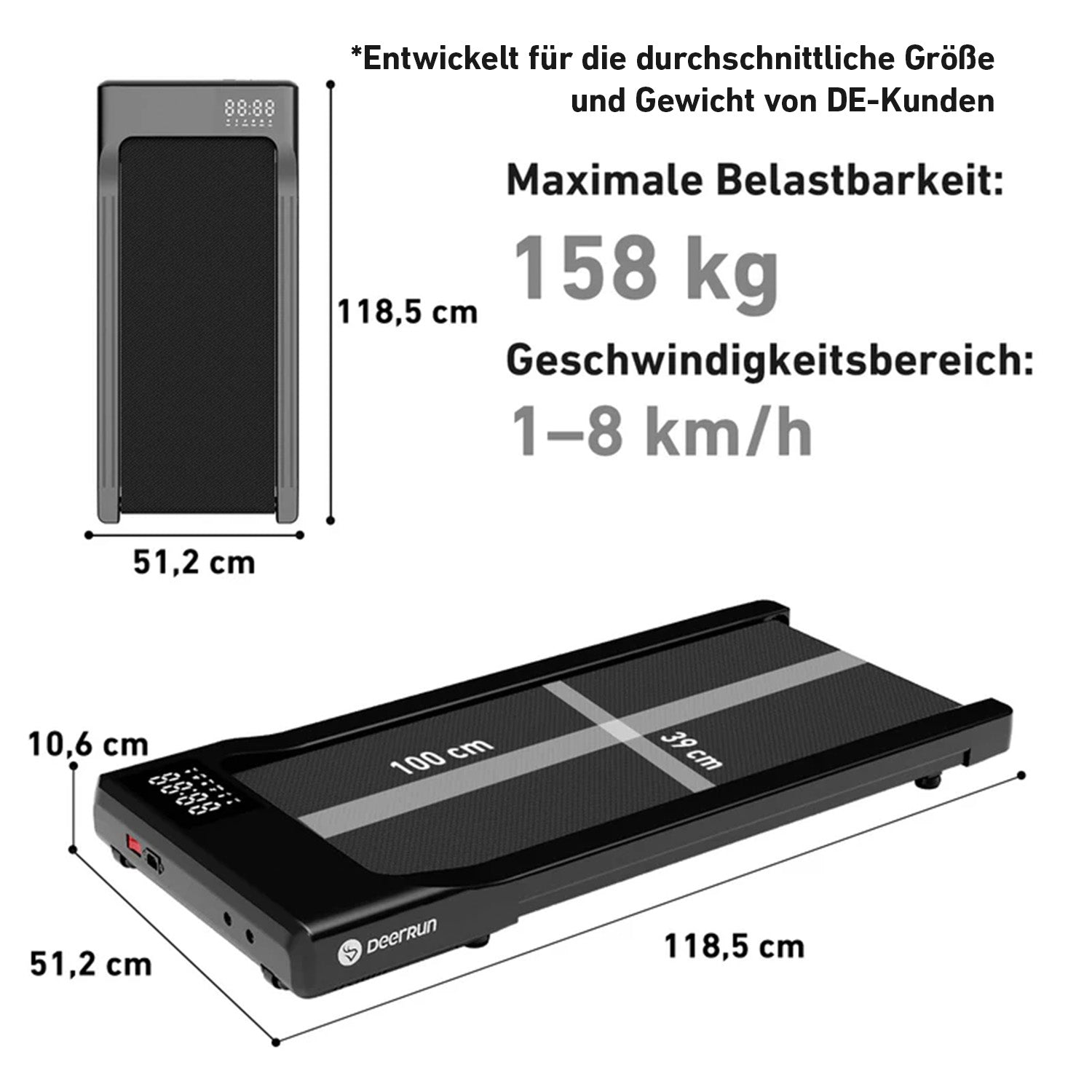 DeerRun Q1 Classic Plus Smart-Walk-Laufband - 158 kg Tragfähigkeit mit Fernbedienung