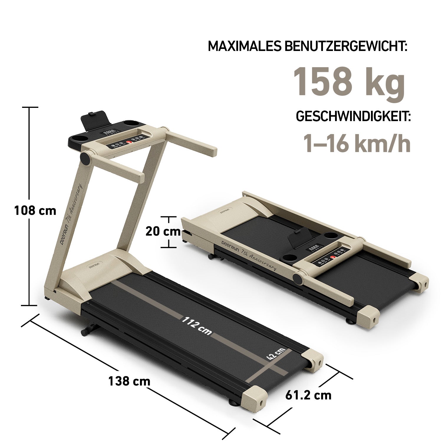DeerRun A1 Pro Move+ – Faltbares Laufband mit 6 % Steigung | 2025 Upgrade-Chip & NFC-Unterstützung | 158 kg Tragkraft, bis zu 16 km/h